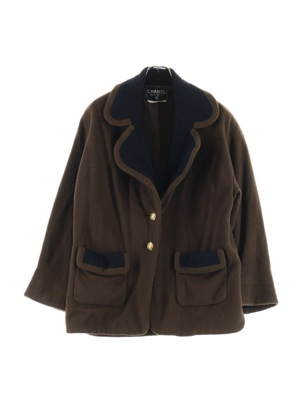 Chanel 90S Vintage Wool Half Coat CC Logo Gold Button Brown